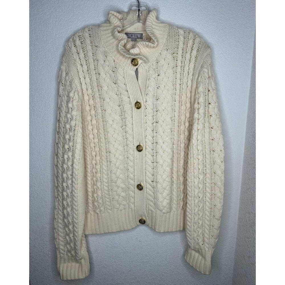 J Crew Sweater Womens XXL Cream Cable Knit Cardigan Ruffle Neck Gold Buttons - Picture 2 of 16